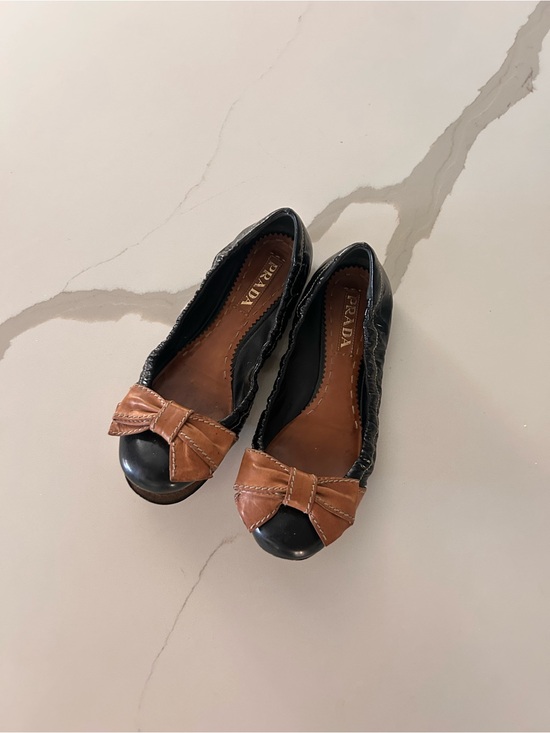 Prada Shoes - Prada Black Leather Ballet Flats with Tan Bow Accent